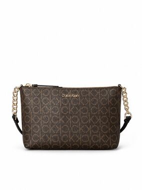 Calvin Klein Brown Logo-Print Crossbody with Gold Chain